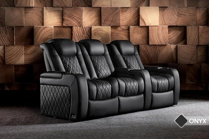 Valencia Tuscany Home Theater Seating Semi-Aniline Italian Nappa 20000 Leather Ultimate Luxury Heat & Ventilation Power Recliner Power Lumbar and Headrest (Row of 2 Loveseat, Onyx)