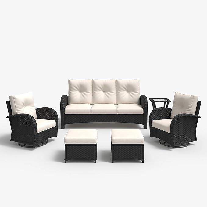 LayinSun 6 Pieces Outdoor Patio Furniture Set, Rattan Wicker Sectional Swivel Rocker Chairs Sets