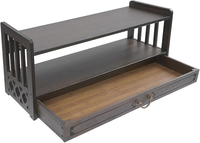 Low 3-Tier Meditation Table with Drawer,Bamboo Altar Tables,Puja Desks,Tatami Desk,27.2”W,Walnut Color