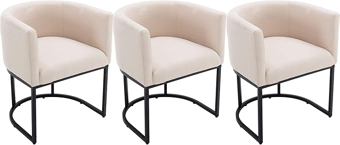 VESCASA Linen Upholstered Dining Chairs with Barrel Back, Mid Century Modern Padded Restaurant Chairs with Black Metal Frame for Kitchen, Dining Room, Set of 3, Cream