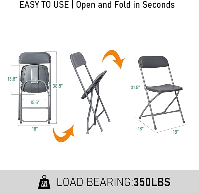10 Pack Gary Plastic Folding Chair, Indoor Outdoor Portable Stackable Commercial Seat with Steel Frame 350lb. Capacity for Events Office Wedding Party Picnic Kitchen Dining