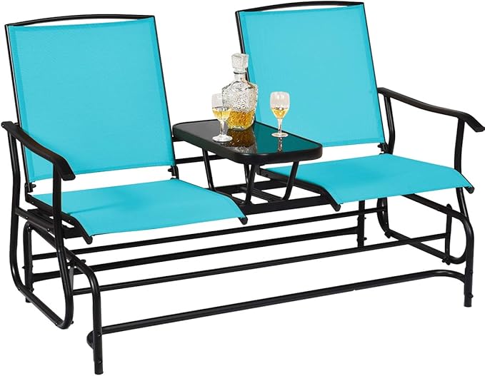 S AFSTAR 2-Person Outdoor Glider, Patio Glider Bench Chairs with Center Tempered Glass Table & Breathable Loveseat, Double Swing Glider Chair for Porch Garden Poolside Balcony Lawn (Turquoise)