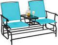 S AFSTAR 2-Person Outdoor Glider, Patio Glider Bench Chairs with Center Tempered Glass Table & Breathable Loveseat, Double Swing Glider Chair for Porch Garden Poolside Balcony Lawn (Turquoise)