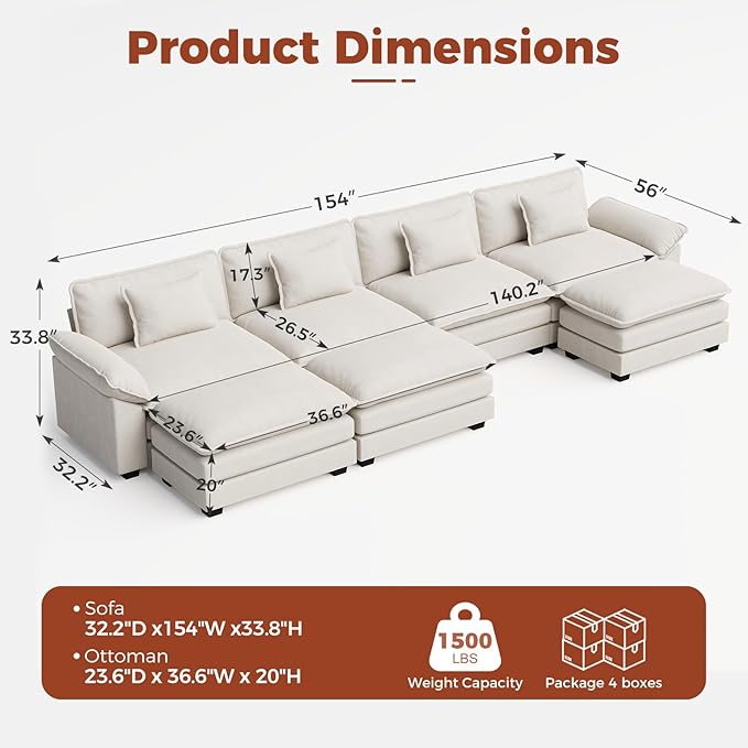 CDCASA 154" Oversized Modular Sectional Sofa, Comfy U-Shaped Cloud Couch w/ 3 Movable Ottomans, 7-Seater Velvet Deep Seat Modern Sofa Couch for Living Room, DIY Combination, Beige