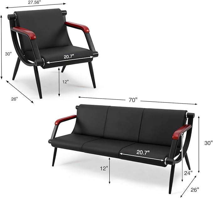 wonline Waiting Room Chairs Bench, Office Furniture Reception Chairs with Arms, Leather Chairs is Suitable for Clinic,Airport,Hospital,Barber,Salon,Bank Black-(2 * 1 seat&2 * 3 seat,4pcs)