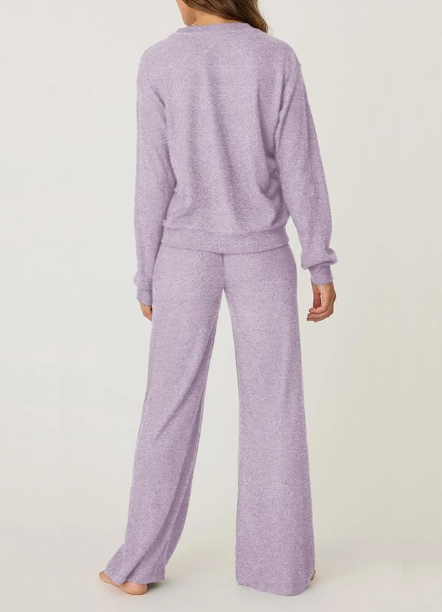 Aamikast Women's 2-Piece Lounge Set Soft Brushed Jersey Sleepwear Pajamas Set Long Sleeve Top & Wide Leg Pants
