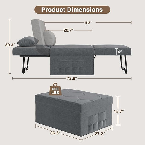 4 in 1 Sleeper Chair, Convertible Sleeper Sofa with Ottoman, Ottoman Bed for Adults, Sofa Bed with Adjustable Backrest for Living Room Apartment Office, Light Grey