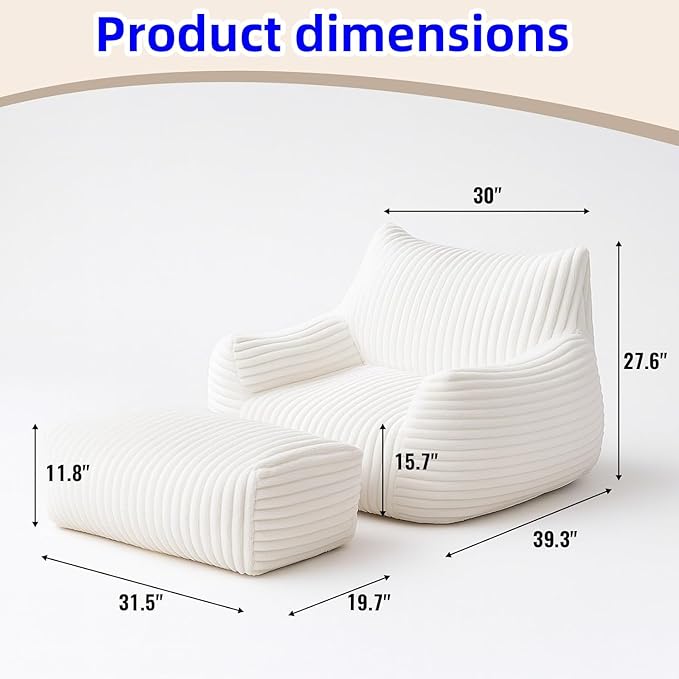 Bean Bag Chair for Adults with Armrest - Ultra Plush Memory Foam Lounge Sofa & Oversized Comfy Chair for Bedroom, Living Room & Dorm (Beige, with Pedals)