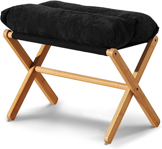 Ottoman Foot Rest- Bamboo Foldable Stool, Foot Stools Small Ottman with Upholstered & X Legs, Folding Stool for Makeup, Bedroom and Living Room (Black)