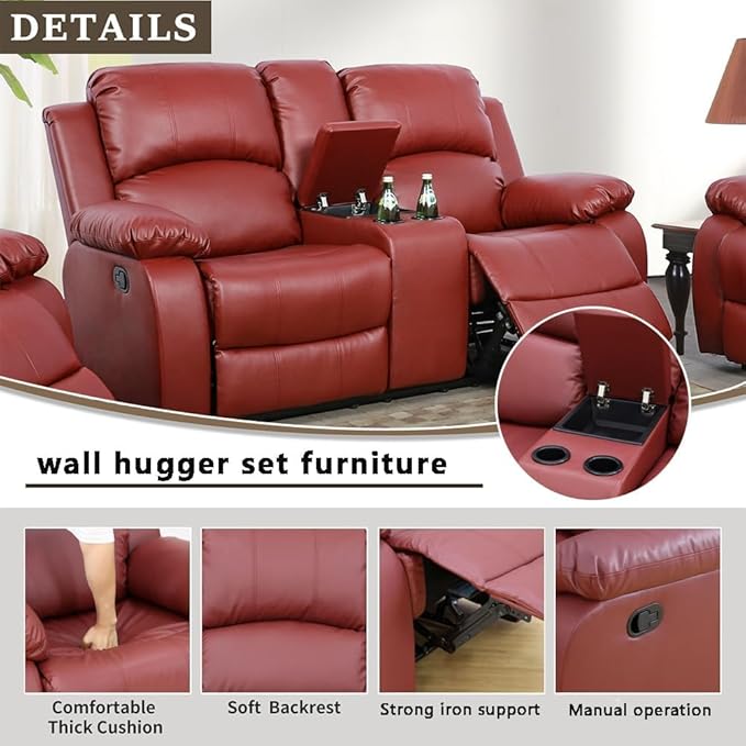 AYCP Bonded Leather Reclining Sofa Set, Loveseat with Storage, Red, Manual Recline, Living Room