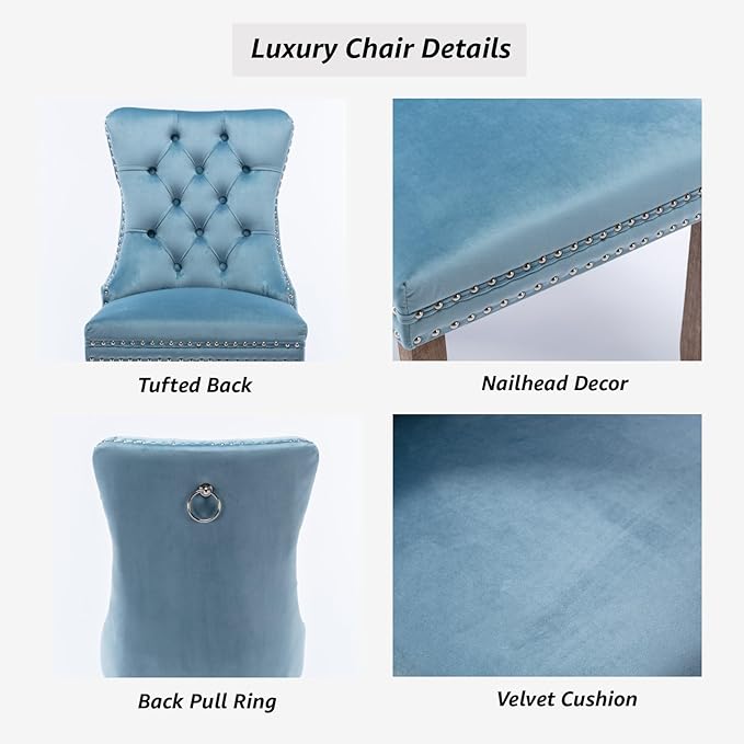 YeahFurn Sky Blue Mid Century Modern Dining Chairs Set of 2, Velvet Upholstered Kitchen & Dining Room Chairs with Nailhead Trim & Solid Wood Legs, Elegant Sillas De Comedor (Sky Blue, 2 Pcs)
