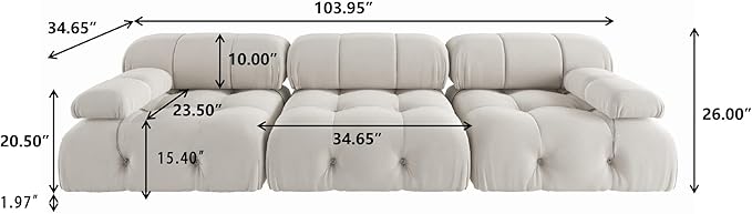 JACH Modular Sectional Couch, Modern Deep 3-Seat Couches, 104'' Minimalist Teddy Velvet Sectional Sofas, Convertible Sleeper Soft Sofa for Living Room Apartment (Beige)