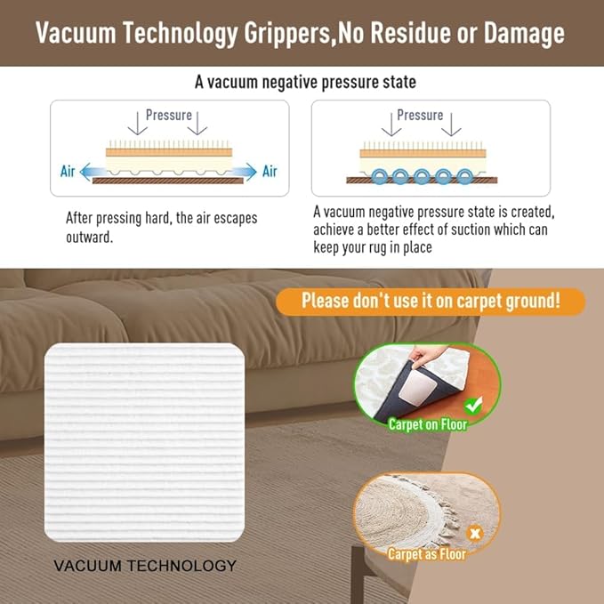 Anti Slip Rug Pad Grippers 8 Pcs Vacuum Technology Carpet Gripper for Hardwood Floors Anti Curling Carpet Grips Washable Non Slip Area Rug Stopper 10x10cm