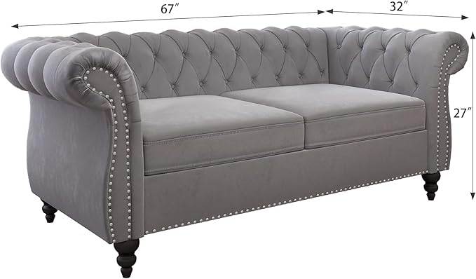 QHITTY Accent Sofa, Chesterfield Loveseat Modern Velvet Couch Upholstered Sofa with Tufted Back for Living Room Furniture (Grey)