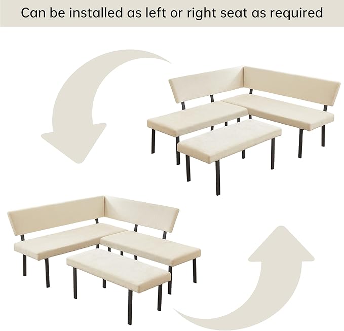 Modern L-Shaped Dining Bench, 67 Inch Fabric Upholstered Corner Sofa with Metal Legs for Kitchen Nook, Living Room, Dining Room (Beige)