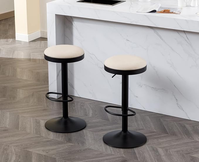 EALSON Modern Swivel Bar Stools Set of 6 Adjustable Counter Height Backless Barstools with Metal Base Leather Upholstered Round Bar Stool Chairs for Kitchen Island/Pub/Breakfast Bar, Beige
