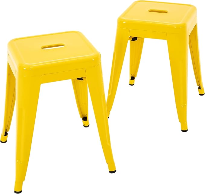 Brage Living 18 Inch Industrial Metal Stools Set of 2, Stackable Classroom Kitchen Short Stools, Backless Metal Dining Chairs for Indoor Outdoor (Yellow)