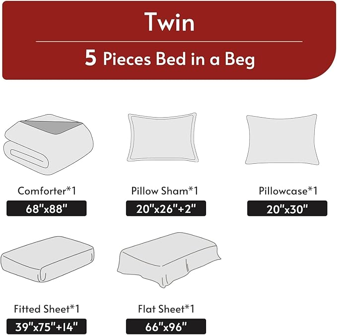 MUXHOMO 5 Pieces Twin Comforter Set, Reversible Bed in a Bag Twin Size, All Season Bedding Set with Comforter, Flat Sheet, Fitted Sheet, Pillowcases & Shams, Pink & Light Grey