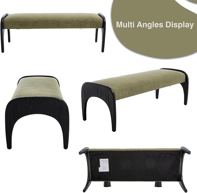 DUOMAY Modern 51" Wide Ottoman Bench, Long Entryway Bedroom Bench with Solid Wood Legs and Linen Upholstered Dining Bench Storage Bench for Living Room Indoor, Kitchen, Green