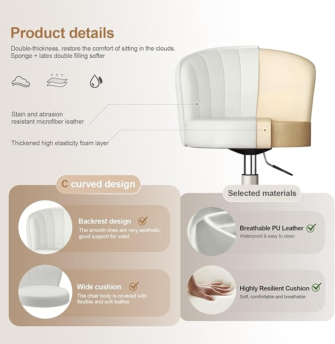 HDHNBA Small Desk Chair Round Rolling Chair with Back PU Leather Height Adjustable Swivel Vanity Work Computer Stool Chair for Home Office Bedroom, Set of 4