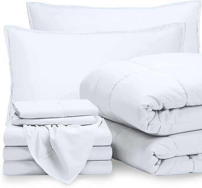 Bare Home Bed-in-A-Bag 8 Piece Comforter & Sheet Set - Split King - Goose Down Alternative - Ultra-Soft 1800 Premium - Bed Set (Split King, White/White)