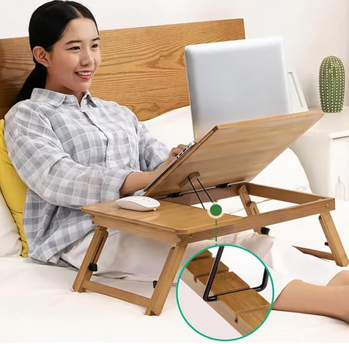 CuisinSmart Foldable Lap Desk with Adjustable Angle & Height, Bamboo Laptop Bed Tray, Portable Bed Table for Dorm Room, Floor Desk for Breakfast, Reading, Writing