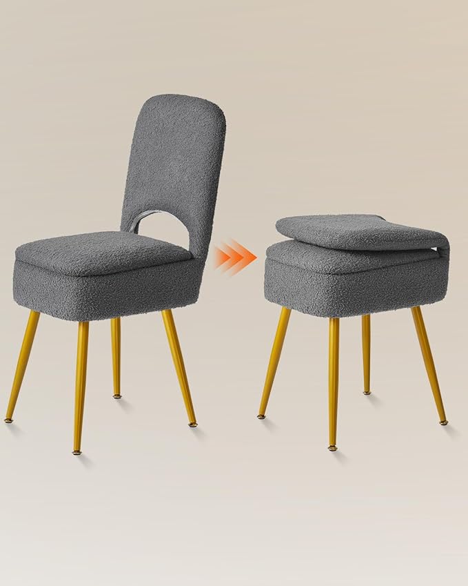 IBUYKE Small Storage Vanity Stool with Folding Backrest, 12.99" x 13.78" x 31.5" Square Teddy Velvet Ottoman, Makeup Chair for Living Room, 4 Metal Legs with Anti-Slip Feet, Gray WBD027G