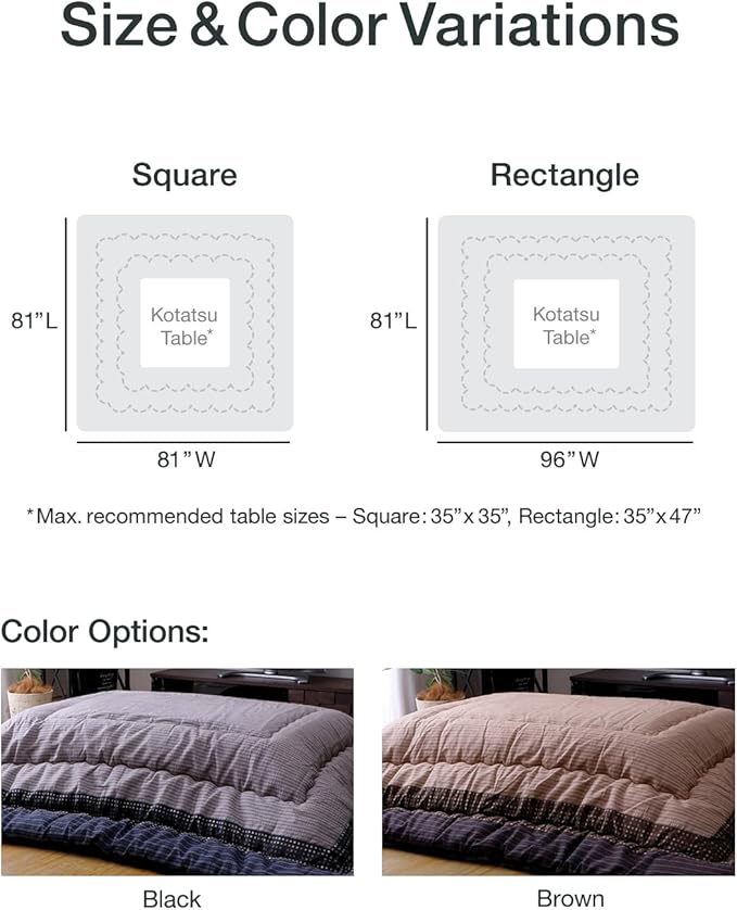 FULI Japanese Kotatsu Blanket, Warm Quilted Kotatsu Futon Comforter, 100% Cotton Top, Made in Japan, 81x96 in / 205x245 cm Rectangle (Brown)