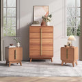 Mid Century Modern Bedroom Sets, 5 Drawer Dresser and Nightstand Sets for Bedroom, Night Stand Set 2 & 5 Drawer Dresser with Gold Handles, Wood Chest of Drawers Storage Cabinet Set, Cherry