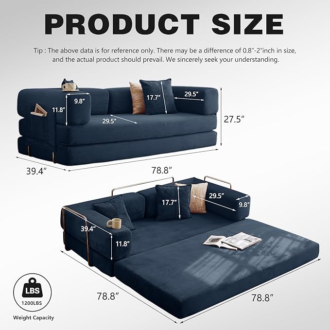 LIAROO 78.8" Convertible Sofa Bed -Compression Sofa with Corduroy Fabric - with Armrests and Backrest - Modular Sectional for Living Room, Bedroom, Studio - Compression Sofa in Box (Dark Blue)