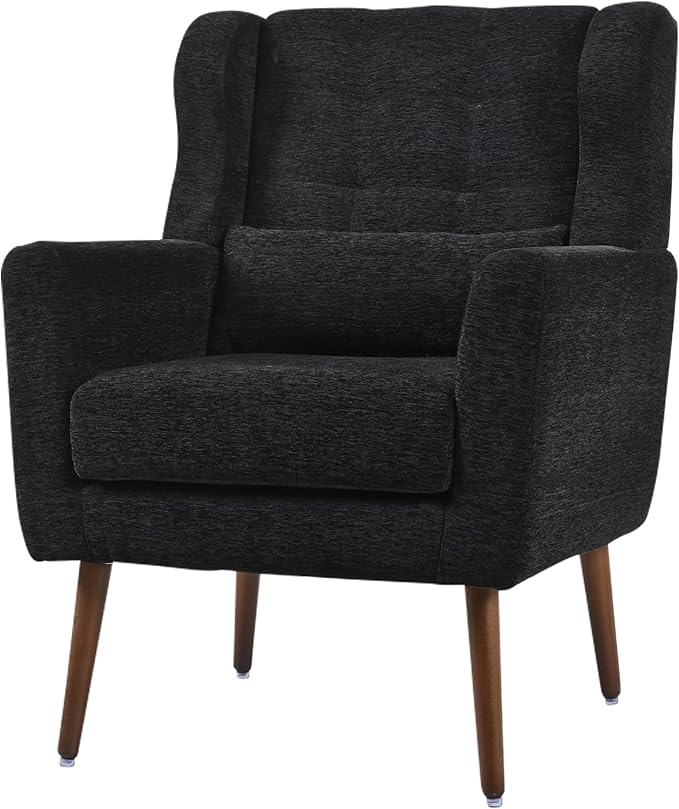 QKFF Modern Accent Chair, Upholstered Armchair with Pillow, Fabric Single Sofa Chair with Lounge Seat Solid Wood Legs Accent Chair for Living Room Bedroom Small Spaces(Black)