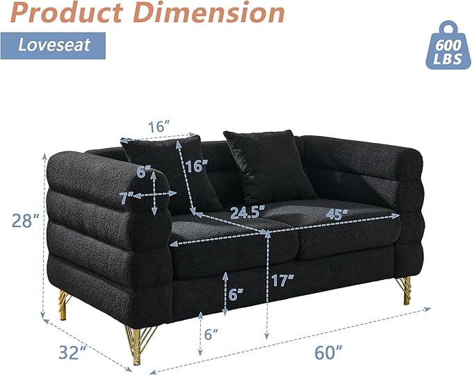 mikibama Modern Teddy Loveseat Sofa, 60 Inch Sectional Sofa Couch, Luxury 2 Seater Deep Couch with 2 Pillows and Gold Metal Legs for Living Room, Bedroom, Apartment (Black)