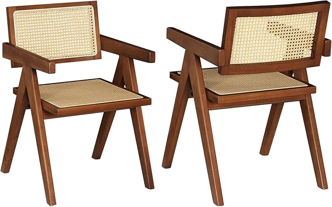 Rattan Accent Chairs Set of 2, Mid Century Modern Dining Armchairs With Cane Back, for Kitchen, Bedroom, Living Room, Reading Room, Outdoor - Walnut