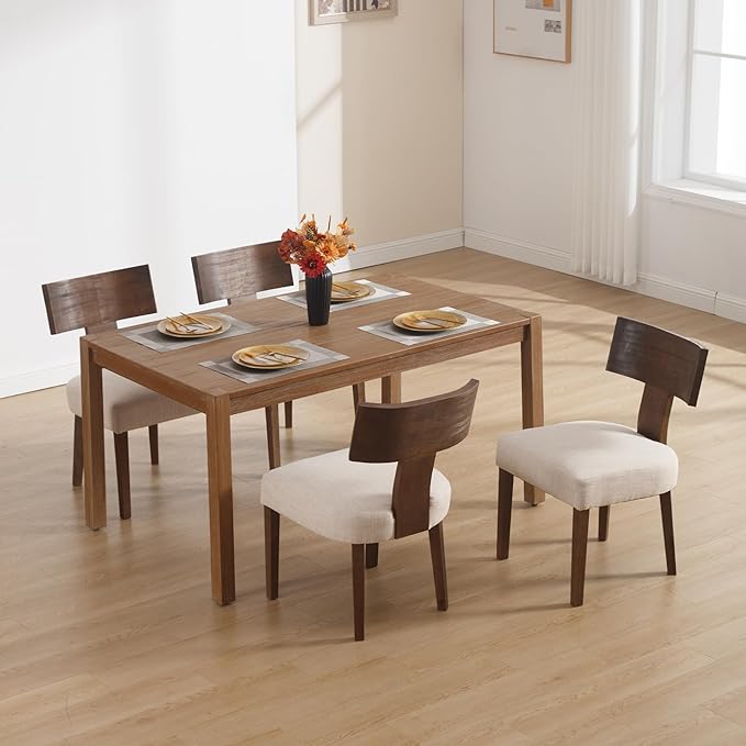 DM Furniture Farmhouse Kitchen Table Chairs Set of 4, Linen Fabric Upholstered Dining Room Chairs with Wooden Legs, Comfy Armless Dining Room Side Chair with Backrest, Beige-Dark Brown Legs
