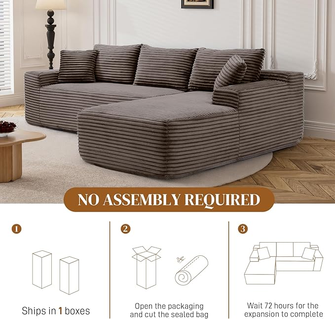 95" Boneless Cloud Sectional Couches for Living Room, Comfy Fluffy L Shaped Memory Foam Deep Seat Boneless Couch, Modular Sectional Sofa with Right Facing Chaise, Brown