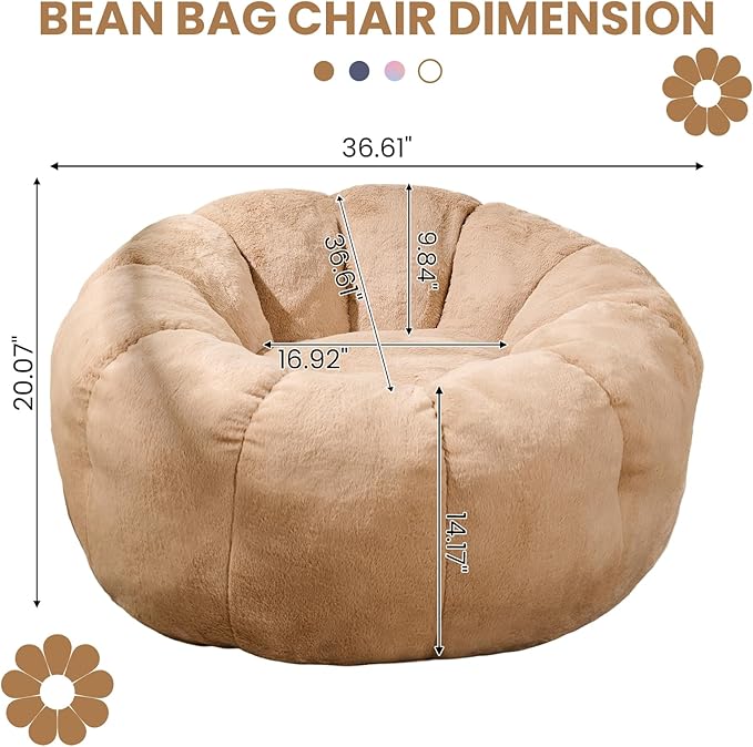 Bean Bag Chairs for Adults, Teens Beanbag Reading Chair with Petal Arm Rest, Comfy Faux Fur Fluffy Bean Bag for Youth Living Room, Bedroom, Dorm, Game - Taupe, Large, Low Support