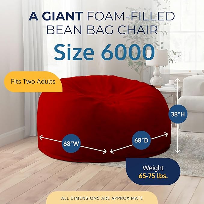 Ultimate Sack 6000 6-Foot Bean Bag Chair, Red Suede Cover – Oversized Foam Lounger, Floor Seat, Small Sofa, or Couch Bed for Living Area, Gaming Room, or Reading Lounge
