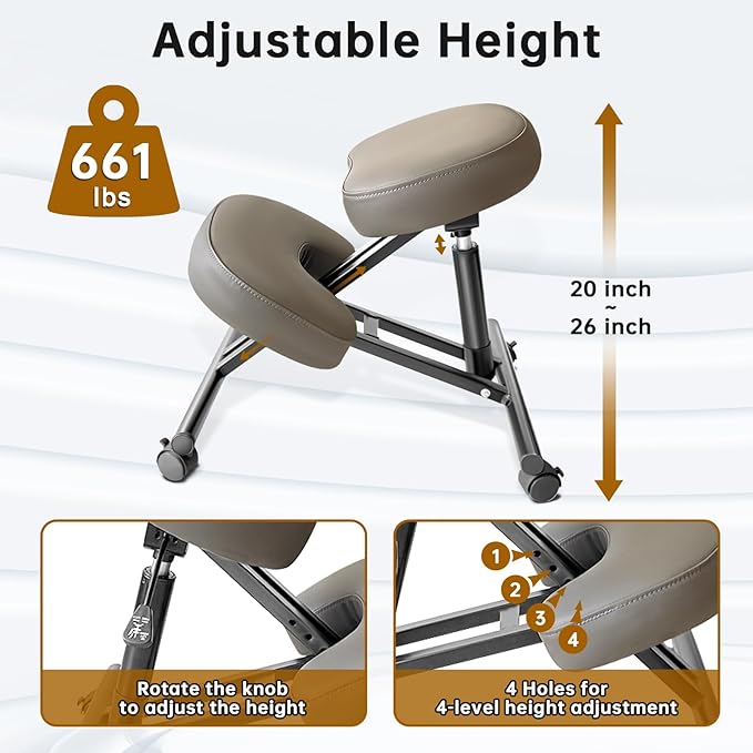 PU Leather Ergonomic Kneeling Chair, Adjustable Home and Office Stool with Thick Pads and Flexible Lockable Brake Wheels for Back Pain Relief（Dark Brown）