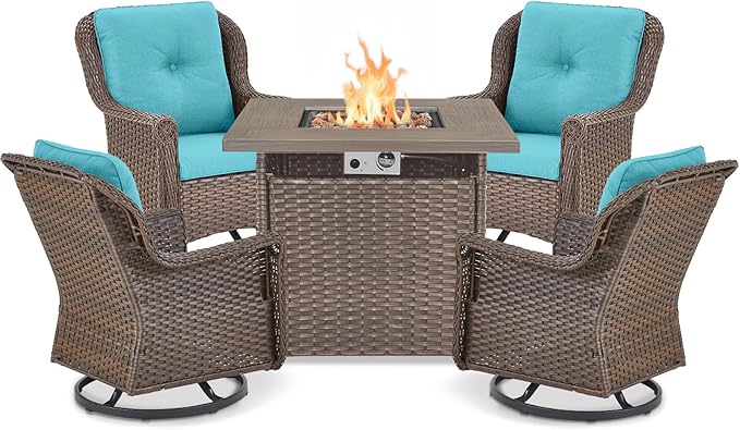 ACTREST Outdoor Patio Swivel Gliders with Fire Pit Table 5 Piece Set - High Back Brown Wicker Rattan Rocking Chair with Thick Cushion for Porch Apartment Deck Yard Poolside Garden - Turquoise