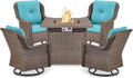ACTREST Outdoor Patio Swivel Gliders with Fire Pit Table 5 Piece Set - High Back Brown Wicker Rattan Rocking Chair with Thick Cushion for Porch Apartment Deck Yard Poolside Garden - Turquoise