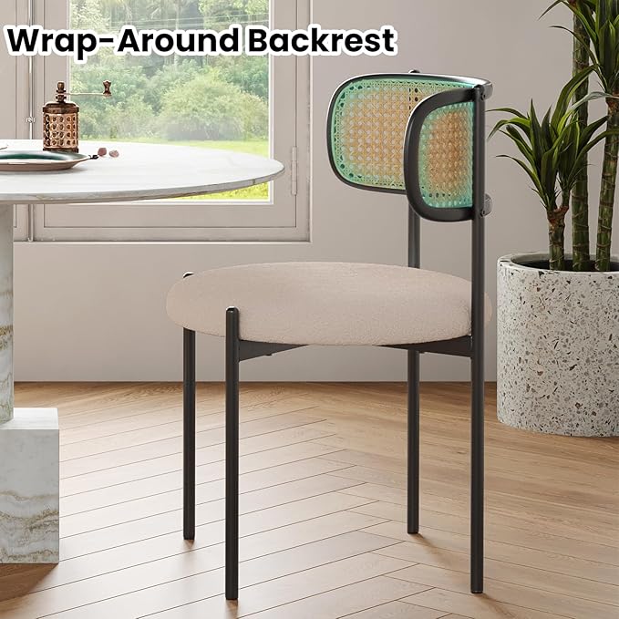 Farini Dining Chairs Set of 2,Mid-Century Modern Kitchen Chair Rattan Backrest Round Upholstered Sherpa Dining Chairs with Metal Legs,Light Brown