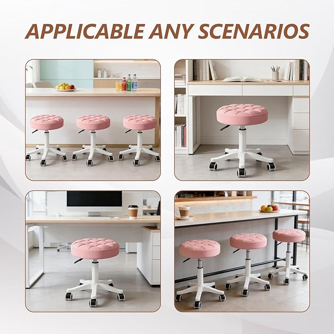 JPBSTO Small Rolling Stool with Wheels, PU Leather Height Adjustable Vanity Work Task Stool, 360 Swivel, Padded Seat Cushion,for Salon, Home, Office