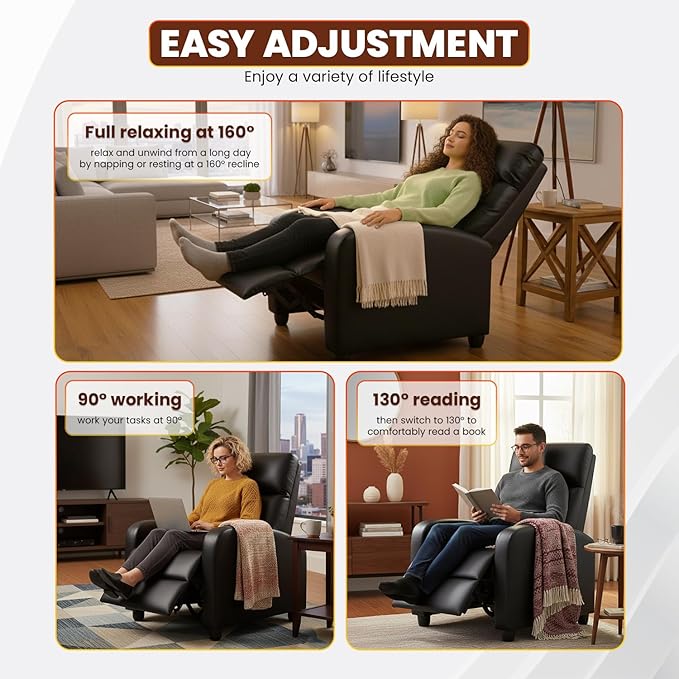 BestMassage Recliner Chair with Adjustable Backrest & Footrest, PU Leather Armchair with Lumbar Support for Living Room, Home Theater, Bedroom (Dark Black)
