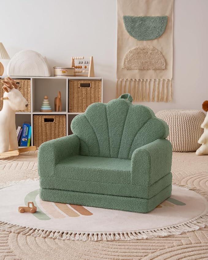 Blissful Diary Kids Couch, 2-in-1 Soft Toddler Couch Fold Out, Toddler Chair Comfy, Convertible Sofa to Lounger, Kids Furniture for Playroom, Gift for Birthday, Children's Day, Green Shell