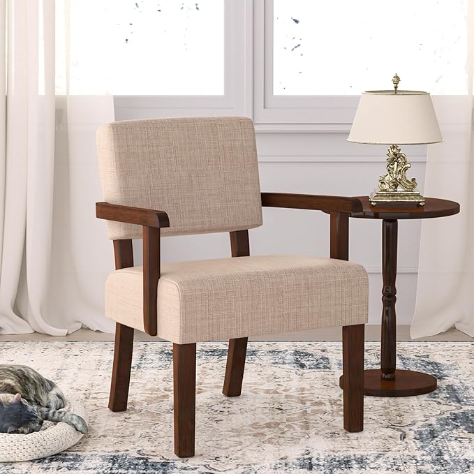 FAGAGA Accent Chair,Armchairs with Solid Wood Frame and Legs,Upholstered Reading Leisure Chair for Bedroom,Office,Waiting Room (Linen, Beige, One Chair)