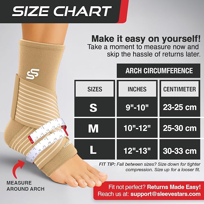 Sleeve Stars Ankle Brace for Women & Men, Ankle Wrap for Sprained Ankle, Compression Sleeve for Plantar Fasciitis Relief, Easy Customizable Support: w/Removable Strap (Single/M:10"-12"/Beige)