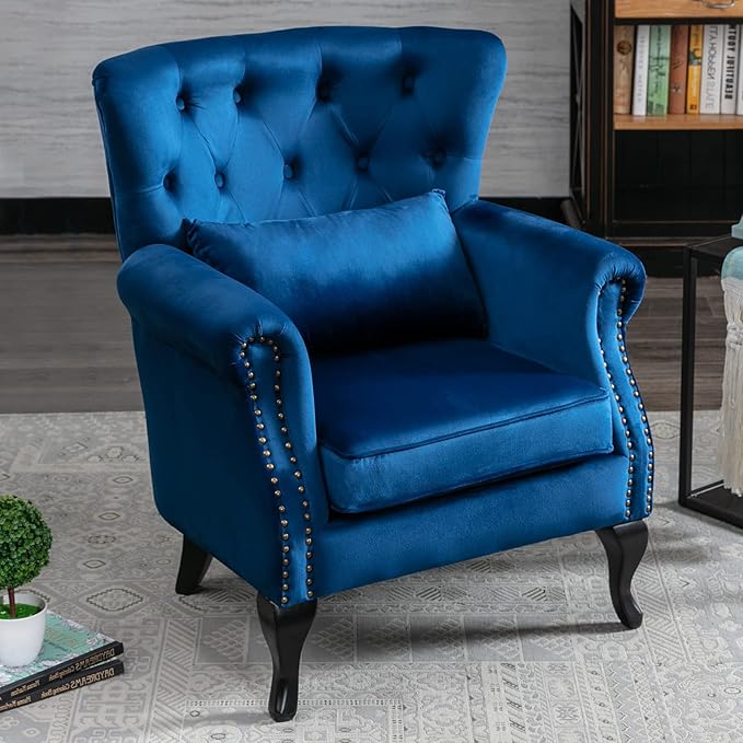 LZAREAL Accent Reading Arm Chairs for Living Room Bedroom, Midcentury Modern Comfy Corner Sofa Chair, Wingback Waiting Room Club Chair with Button Tufted Back &Lumbar Pillow, Velvet Blue