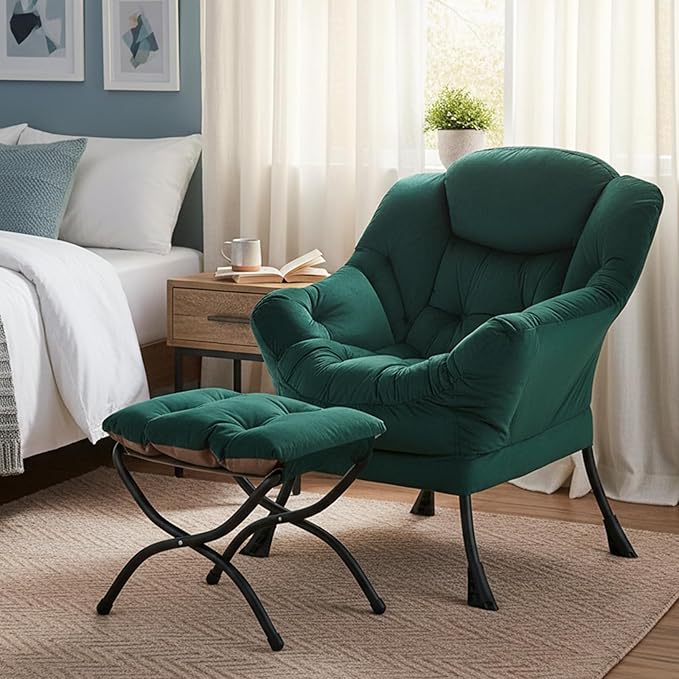 Welnow Lazy Chair with Ottoman, Modern Lounge Accent Chair with Armrests and a Side Pocket, Leisure Sofa Armchair, Reading Armchair with Footrest for Small Space, Dark Green