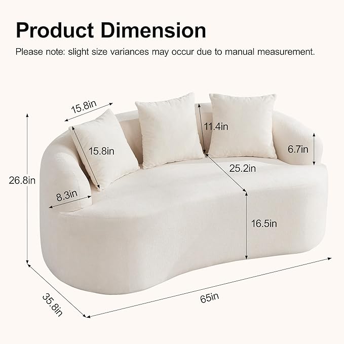 Abbrevi 65" Curved Loveseat Sofa, Deep Seat Love Seat Couches with 3 Throw Pillows, Modern 2 Seater Boneless Curved Couch, Compressed Floor Sofa for Living Room Small Spaces, No Assembly, Beige