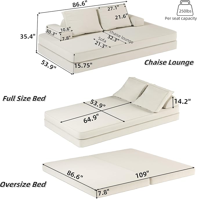 87" Foldable Floor Couch, 3-Seat Convertible Sleeper Sofa with Removable Backrests and 2 Soft Pillows, Chenille Fabric, for Living Room, Bedroom, Apartment, No Assembly Required, Beige